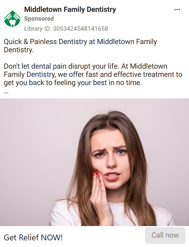 Middleton Family Dentistry ad showing a woman with a toothache with text listing pain-free.