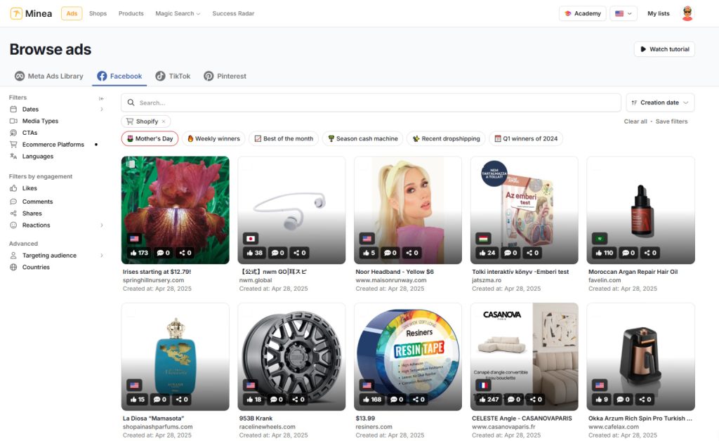 Minea Browse Ads dashboard showing Facebook ad results filtered by Shopify with engagement metrics.