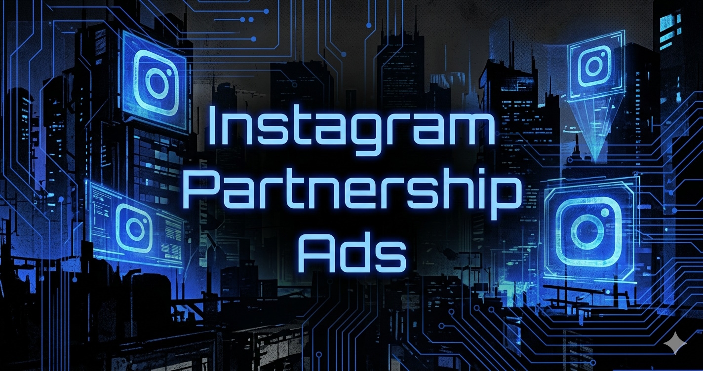 Neon-blue cyberpunk cityscape with glowing Instagram logos and the text "Instagram Partnership Ads."
