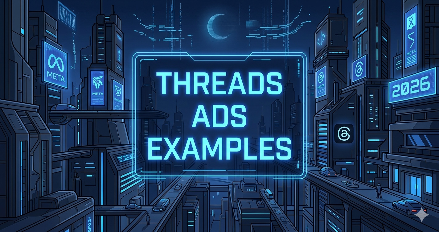 Neon cyberpunk city with Meta and Threads billboards displaying Threads Ads Examples 2026.