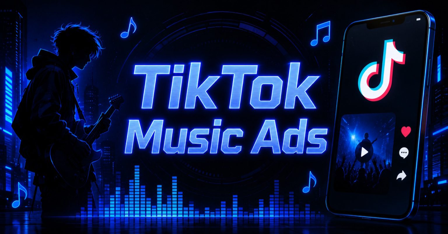 Neon-lit banner reading "TikTok Music Ads" featuring a guitarist silhouette and a TikTok app screen showing a live concert.