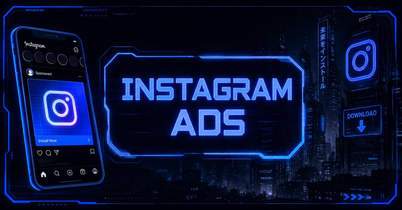 Neon-styled Instagram Ads banner with a phone showing a sponsored post.