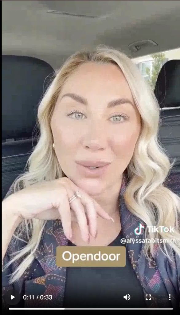 Opendoor TikTok ad: a creator speaking to the camera in a car with an on-screen "Opendoor" label, illustrating the creator-led In-Feed and Spark Ads behind the Opendoor for Agents campaign.