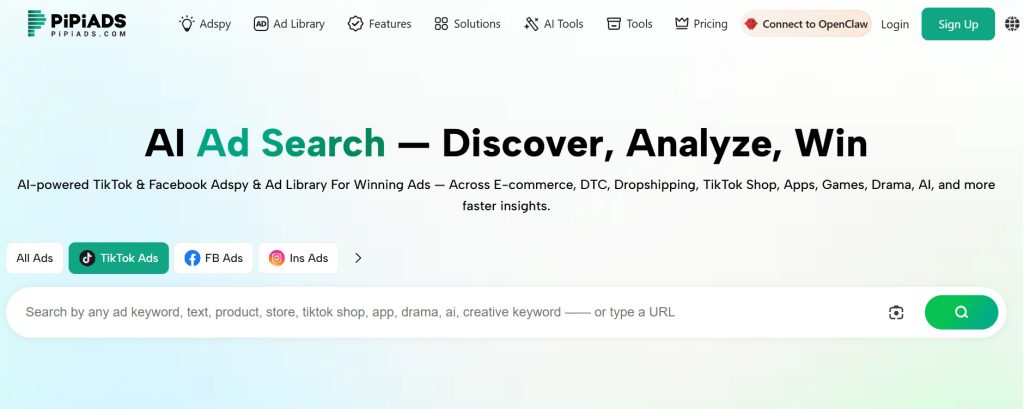 PiPiAds homepage showing the AI Ad Search interface with tabs for all Ads, including TikTok Ads.