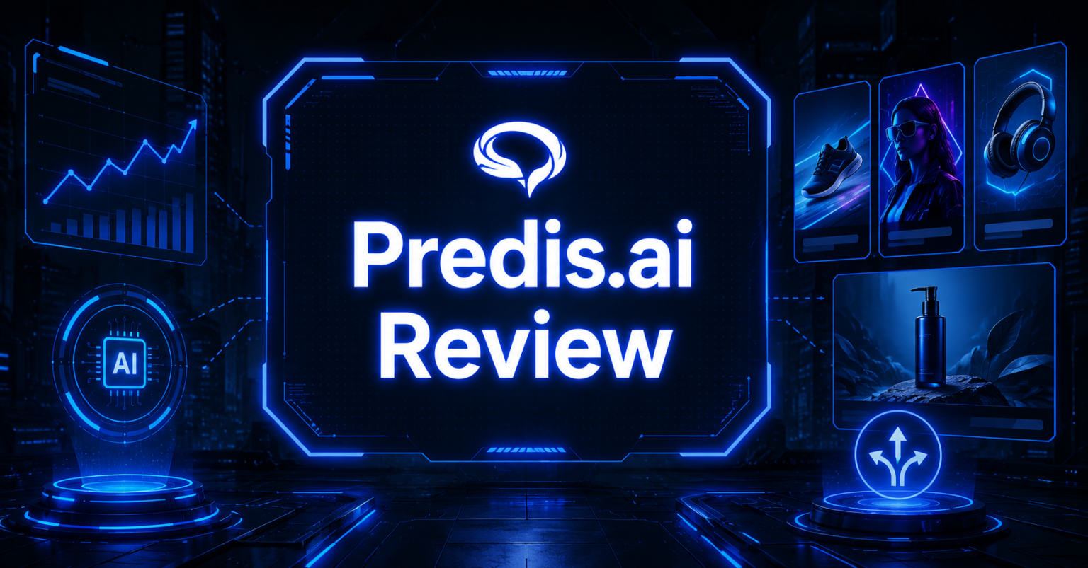 Predis.ai Review header showing the AI ad generator's capabilities: analytics graphs, product ads, and automated creative variations.