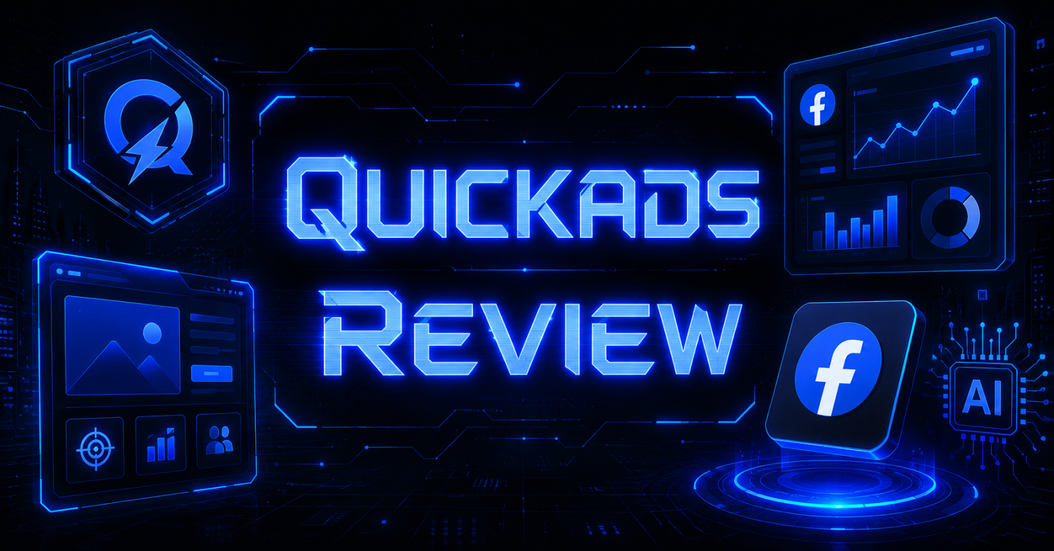 Quickads Review banner featuring the Quickads logo alongside Facebook ad analytics dashboards and an AI chip icon.