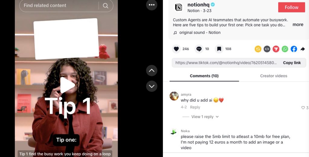 Screenshot from a tutorial posted by Notion on TikTok.