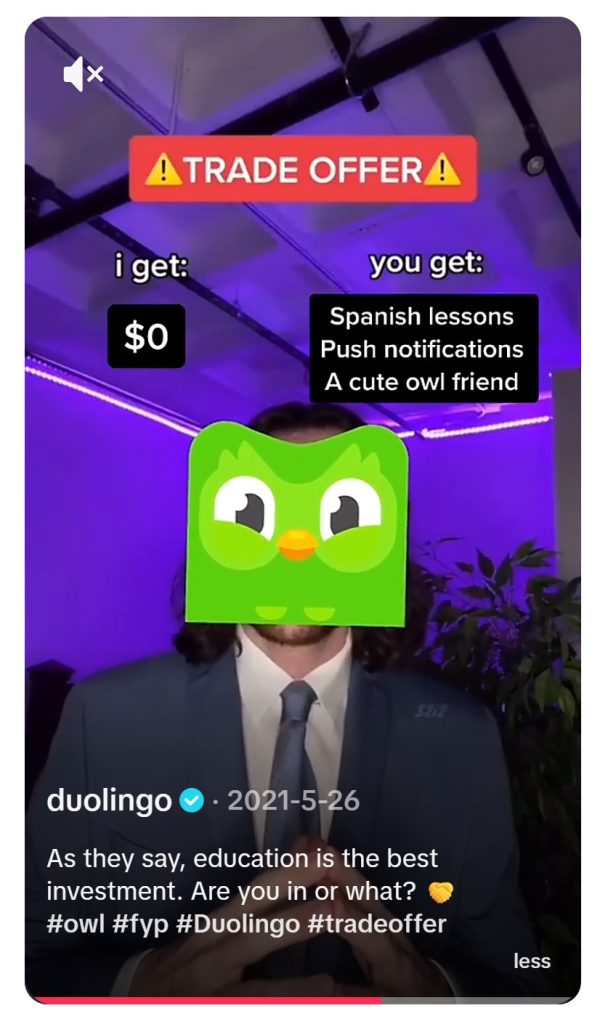 Screenshot of a Duolingo TikTok video using the viral trade offer format, with the owl mascot offering Spanish lessons, push notifications, and a cute owl friend instead of money, demonstrating the brand's trend-driven content strategy.