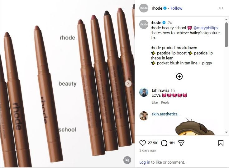 Screenshot of a Rhode Beauty Instagram post showcasing a lineup of nude lip liner pencils.