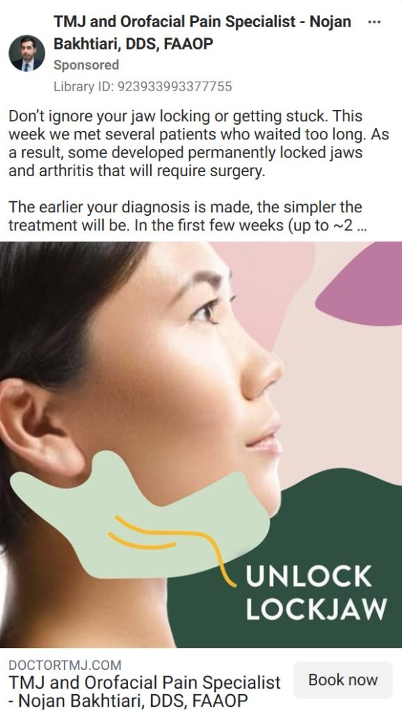 Side profile of a woman's face, used in a social media ad about TMJ and jaw locking.