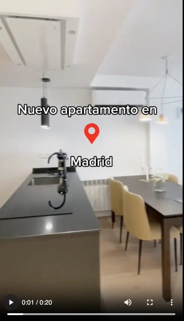 Spotahome TikTok ad: a POV walkthrough of a furnished Madrid apartment with on-screen text "Nuevo apartamento en Madrid," illustrating immersive rental-tour creative paired with a conversion objective.