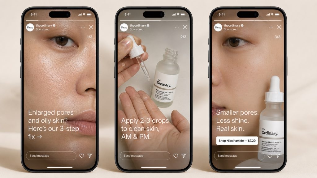 The Ordinary sponsored story demonstrating product use, with a hand dispensing serum from a Niacinamide 10% + Zinc 1% dropper onto an open palm, captioned "Apply 2–3 drops to clean skin, AM & PM."