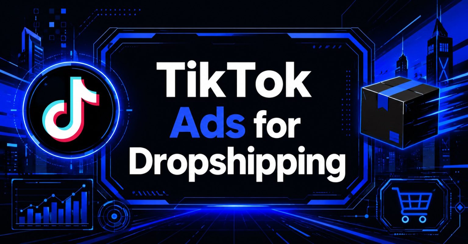 "TikTok Ads for Dropshipping" banner showing with TikTok logo, shipping boxes, and a global delivery route.