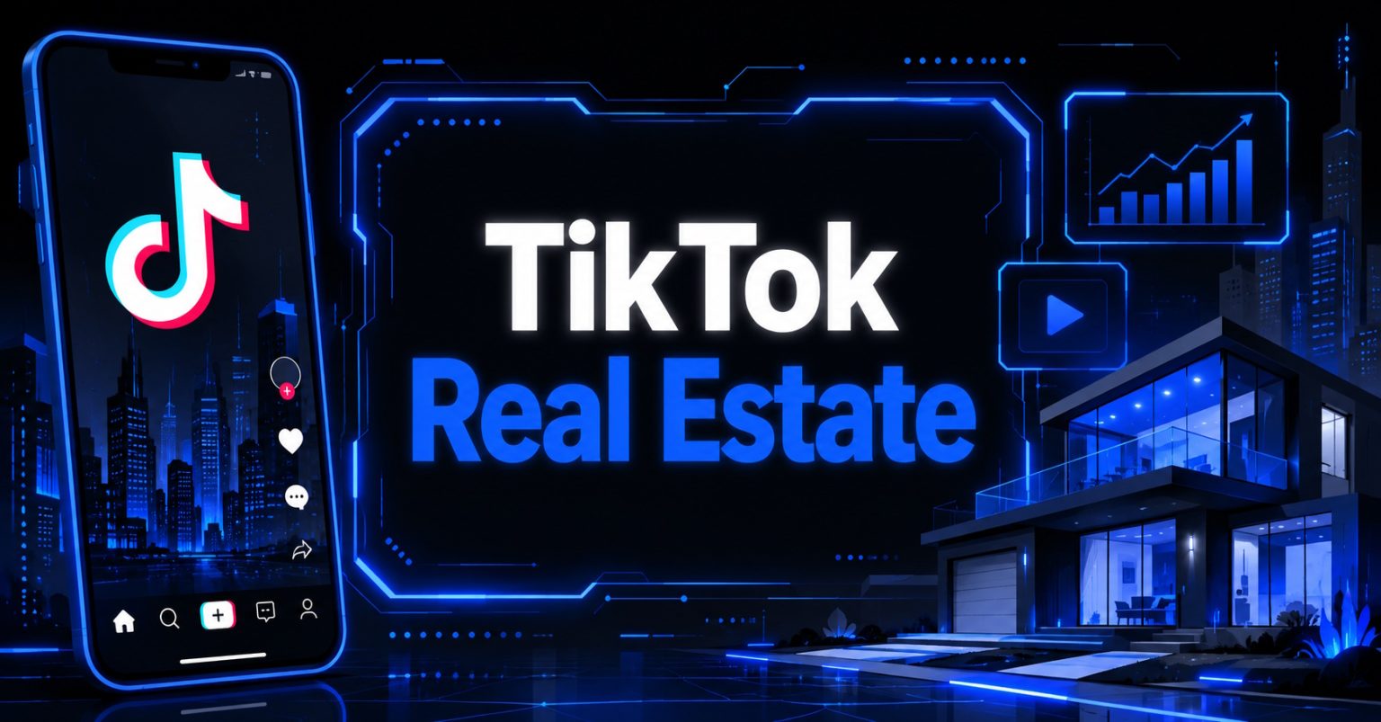 TikTok Real Estate banner with a smartphone showing the TikTok feed, a modern luxury home, and a rising sales chart.