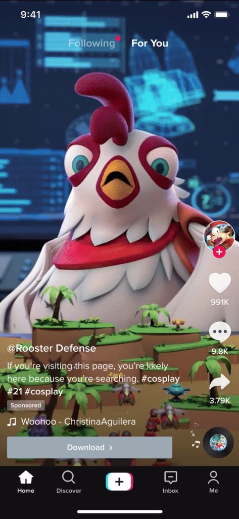 TikTok Spark Ad for Rooster Defense featuring a large animated chicken overlooking a game battlefield, with visible likes, comments, shares, and a download CTA. 