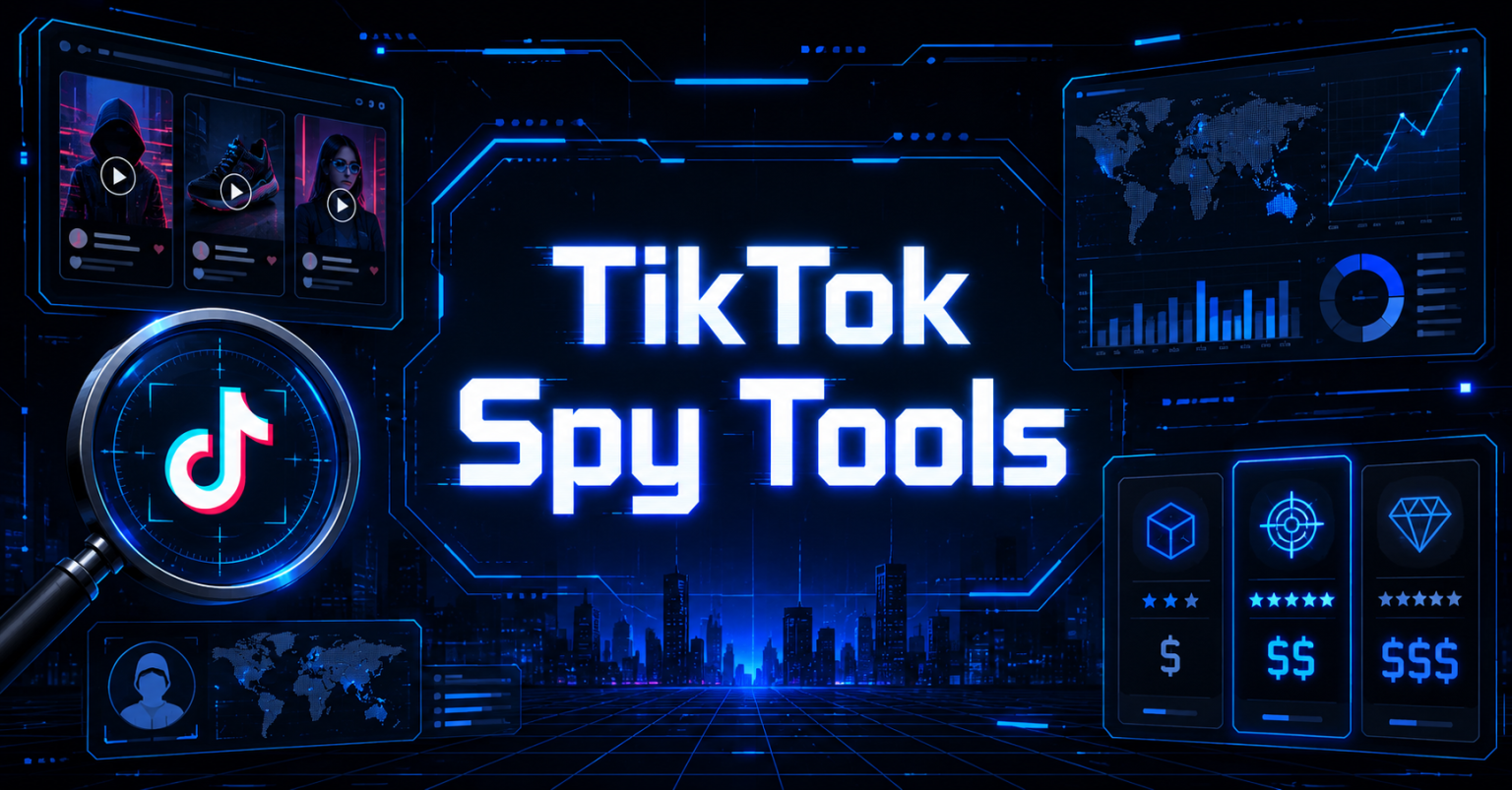 "TikTok Spy Tools" banner featuring a magnifying glass on the TikTok logo and ad analytics dashboards.