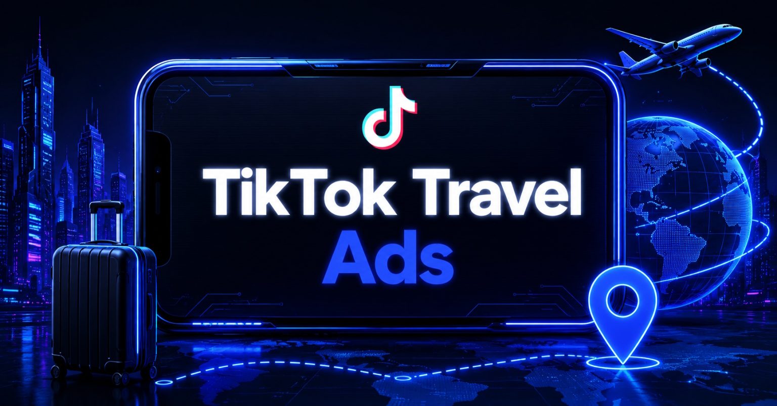 "TikTok Travel Ads" neon banner featuring the TikTok logo on a phone screen with travel icons and a glowing city skyline.