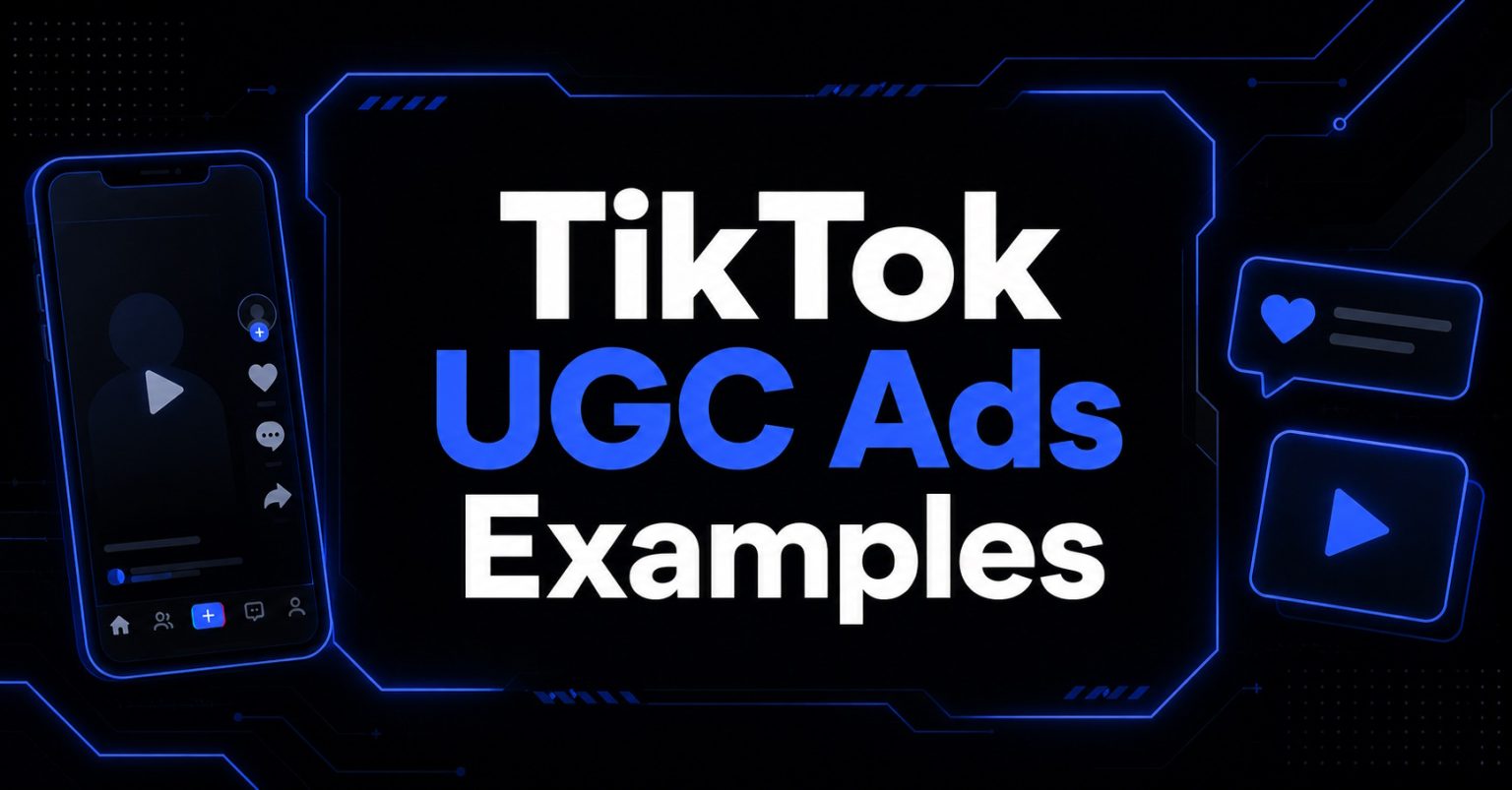 "TikTok UGC Ads Examples" banner showing a phone with a creator-style video and engagement icons, illustrating user-generated content as paid ads.