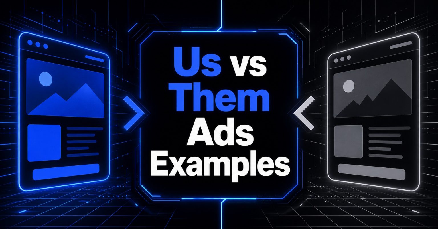 Us vs Them; two cyberpunk factions face off in blue versus grey, visualizing brand rivalry in comparison advertising.