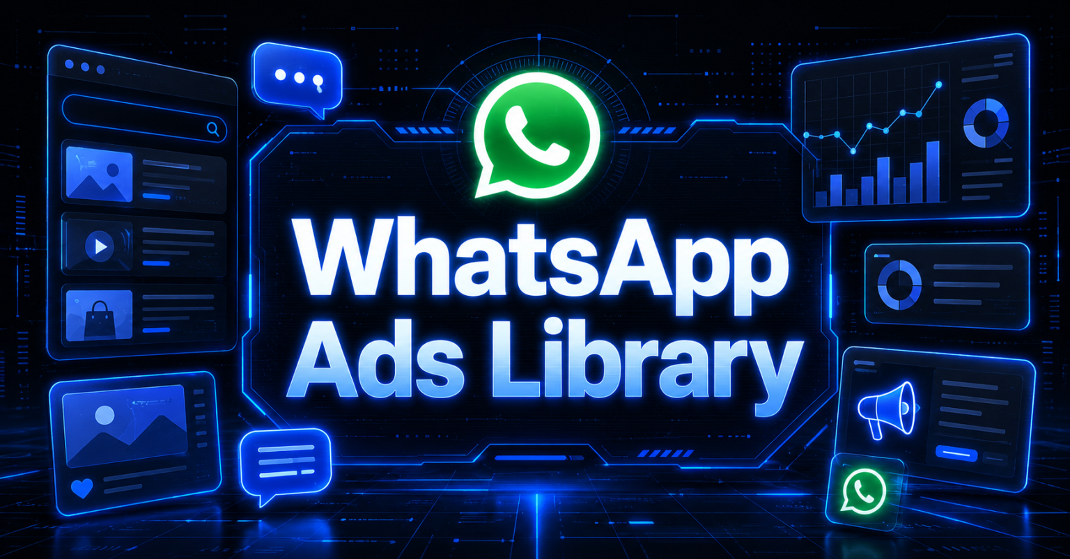 WhatsApp Ads Library" title with WhatsApp logo, performance charts, and sample ad cards on a futuristic blue interface.