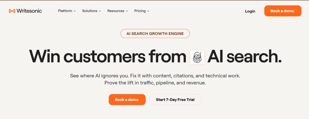 Writesonic's homepage promoting its AI search growth platform
