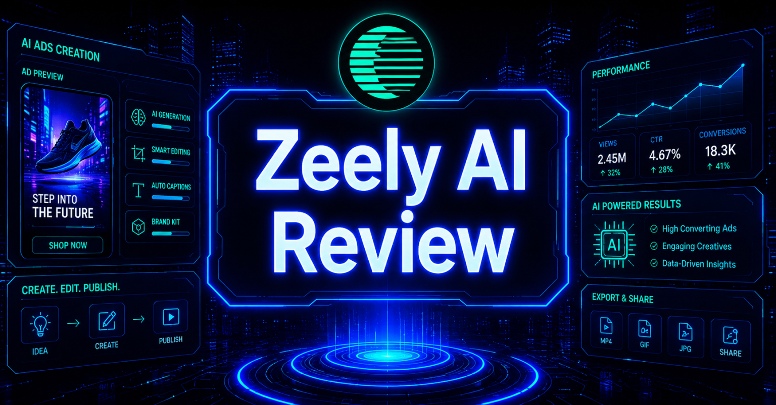 Zeely AI logo with mockups of its ad-building features, including product imagery, performance graphs, and targeting tools.
