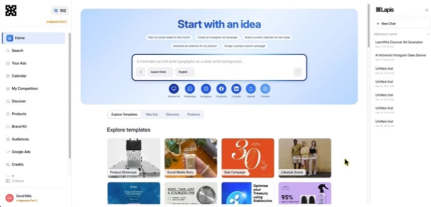 Lapis interface with a prompt box, template gallery, and platform shortcuts in the sidebar.
