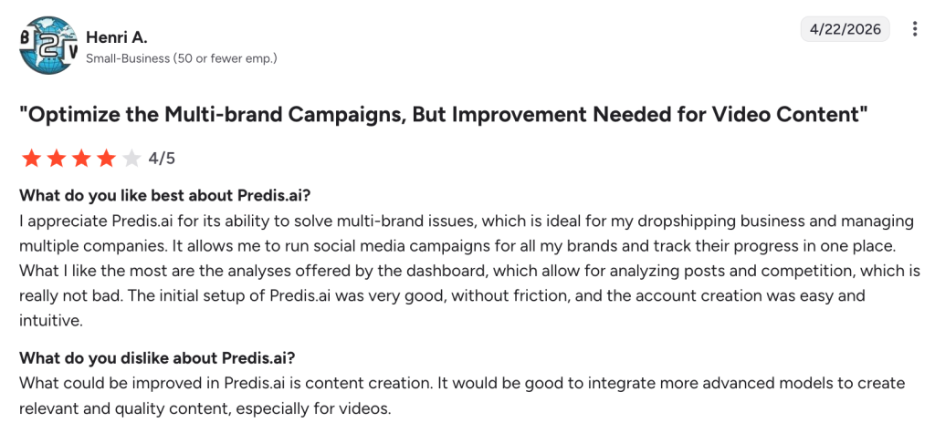A 4-star review on Predis.ai.