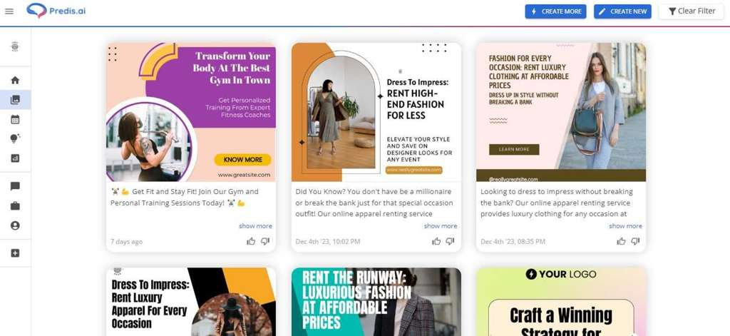 Predis.ai dashboard displaying AI-generated social media ad creatives for a gym, fashion rental, and luxury apparel brand in a grid layout.