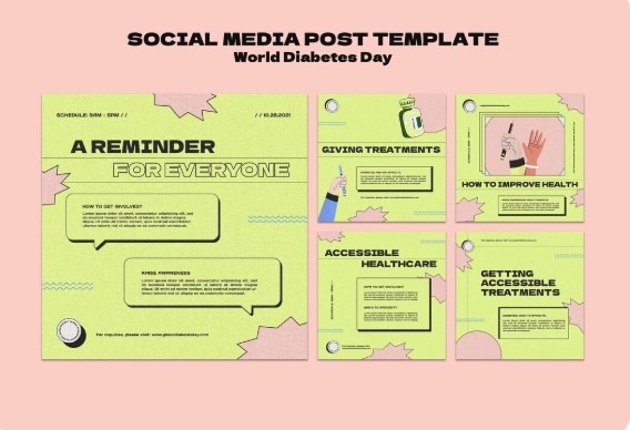 Green and pink conversational ad templates for a World Diabetes Day awareness campaign.
