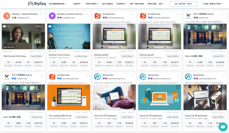 BigSpy dashboard displaying a grid of tracked ad creatives from brands like HubSpot, Zendesk, and Foundersuite with popularity, impression, and duration metrics.