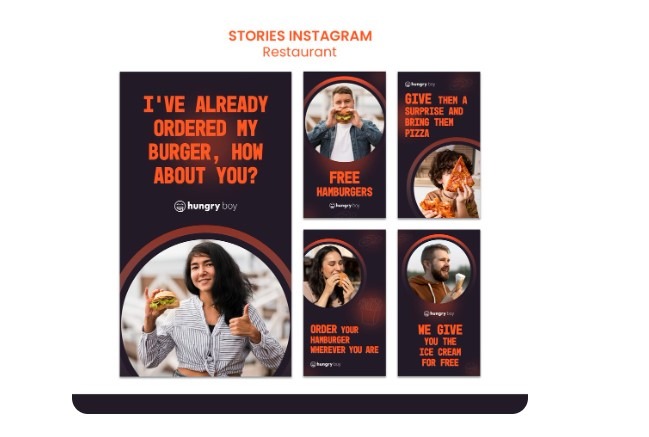 Set of orange and purple Instagram story templates for a burger restaurant brand.