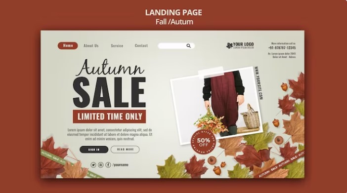 Autumn sale landing page with maple leaves and a 50% off limited-time offer.