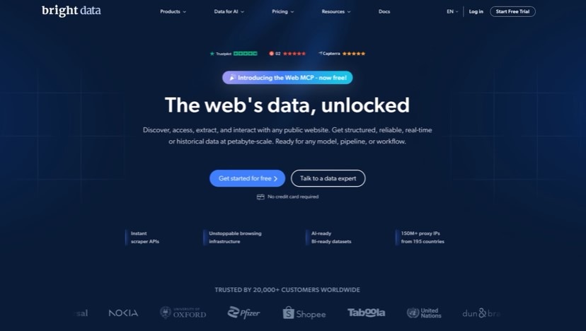 Bright Data homepage with the tagline "The web's data, unlocked" and signup buttons.