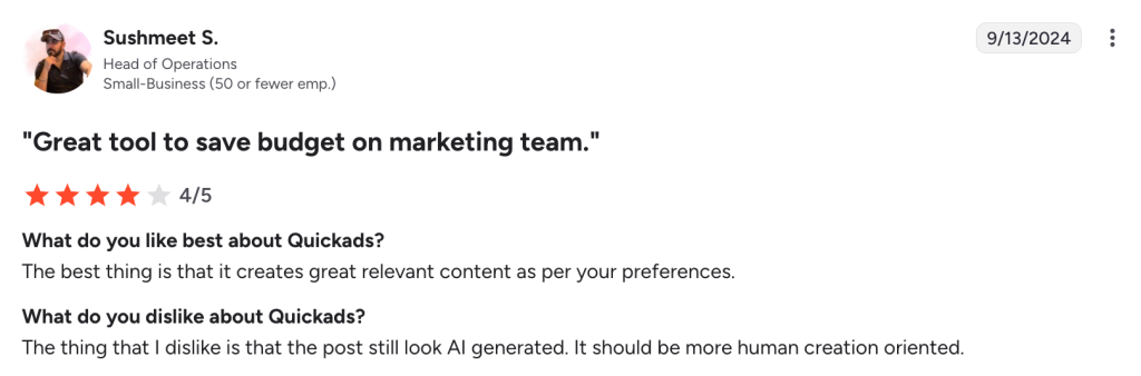 A 4-star review on Quickads.