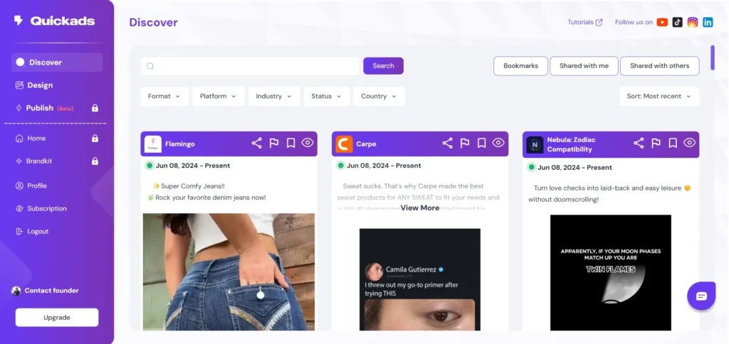 Quickads Discover dashboard displaying competitor ad examples from Flamingo, Carpe, and Nebula with filters for format, platform, industry, and country.