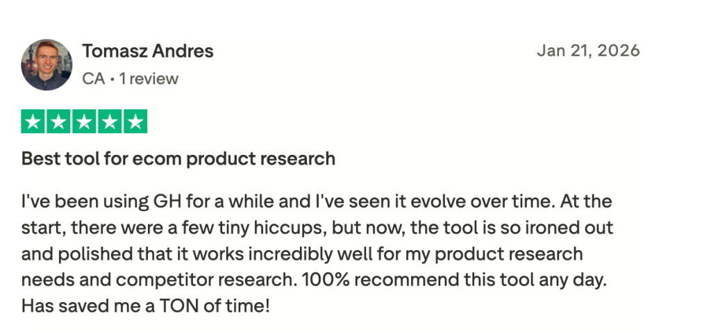 Five-star Trustpilot review from a long-time GetHookd user praising its competitor research features. 