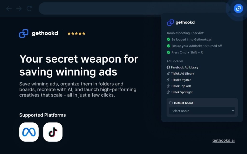 GetHookd Chrome Extension panel showing supported platforms, Meta, and TikTok with ad library options.
