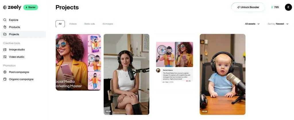 Zeely dashboard Projects page displaying AI-generated ad creatives, including social media marketing visuals, UGC-style videos, and product images.