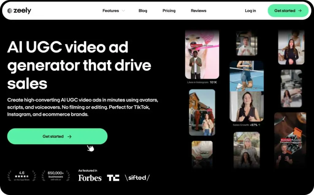 Zeely AI homepage with headline "AI UGC video ad generator that drive sales" and a grid of sample video ad thumbnails.