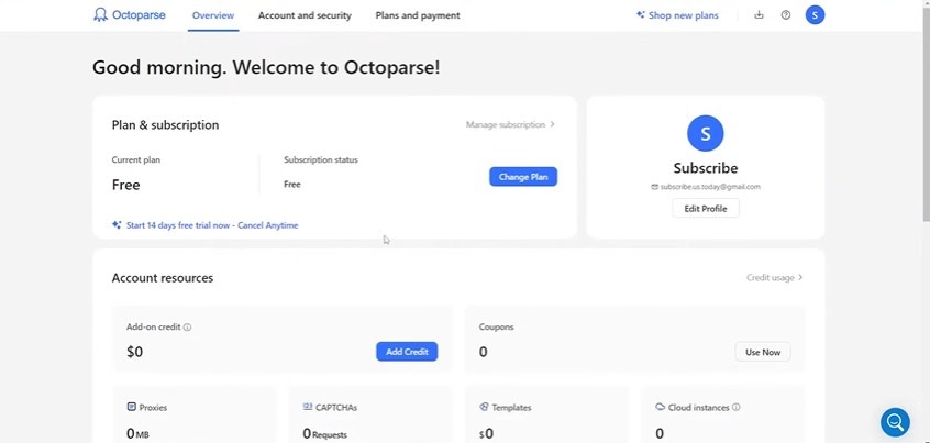 Octoparse dashboard showing plan details, subscription status, and account resources.