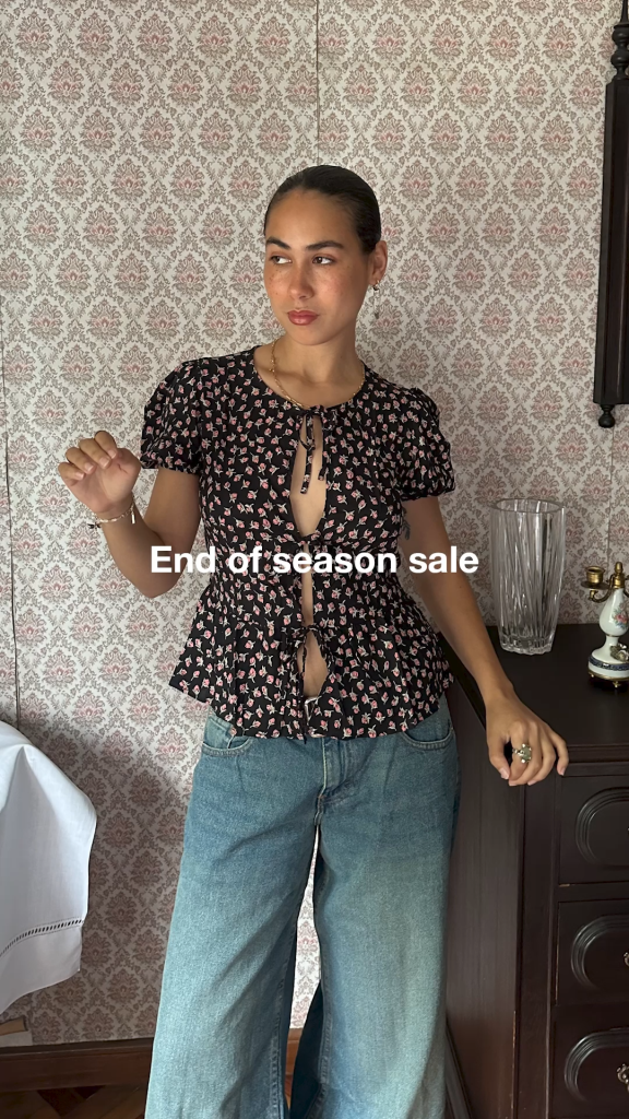 Smart+ Catalog ad featuring a model in a floral peplum top and wide-leg denim with an End of Season Sale text overlay.