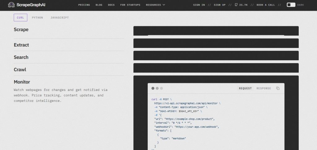 ScrapeGraphAI website showing Scrape, Extract, Search, Crawl, and Monitor features with sample code.