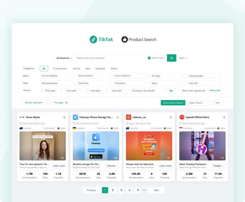 PiPiADS advertiser search dashboard ranking top TikTok ads by impressions, popularity, and country with creative previews.