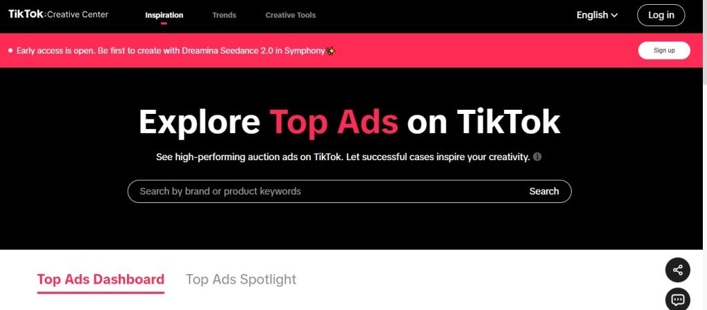 TikTok Creative Center Inspiration tab showing the "Explore Top Ads on TikTok" page with Top Ads Dashboard and Top Ads Spotlight sections.