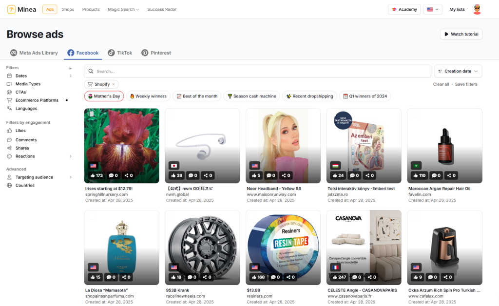 Minea's Browse ads dashboard displaying Facebook ad examples filtered by Shopify, with engagement metrics and creation dates for each product ad.