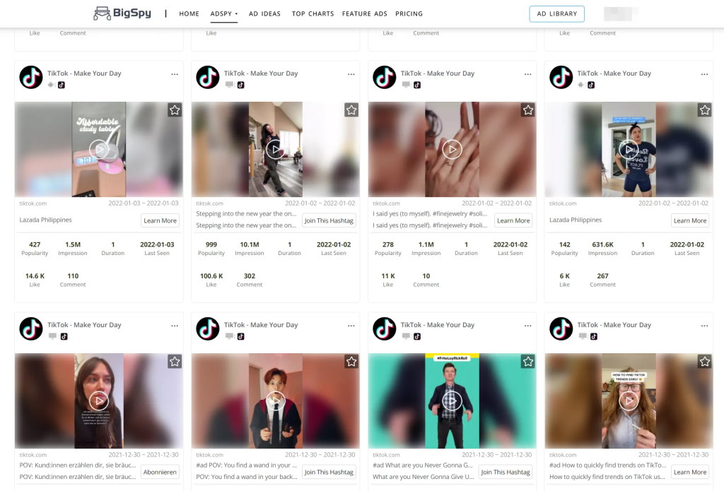 BigSpy AdSpy dashboard displaying a grid of indexed TikTok ads with popularity, impression, and engagement metrics for each creative.