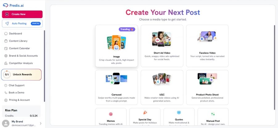 Predis.ai dashboard showing post creation options like Image, Short Ad Video, Carousel, and UGC.