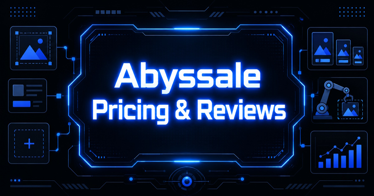 Abyssale Pricing and Reviews banner with the title displayed inside a neon blue futuristic frame, surrounded by icons for design and analytics.