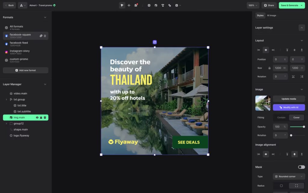 Abyssale design editor showing a Thailand hotel promo template with format options for Facebook and Instagram.